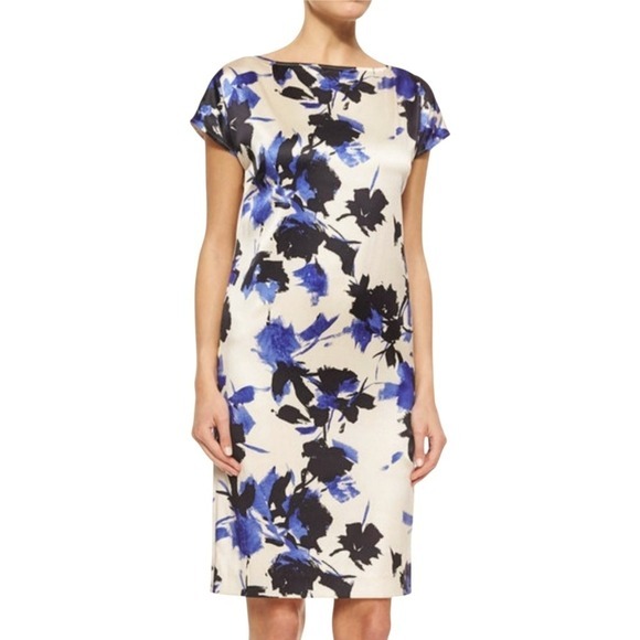 St John Silk Ivory Black & Blue Floral Short Sleeve Sheath Dress- Size‎ 16
